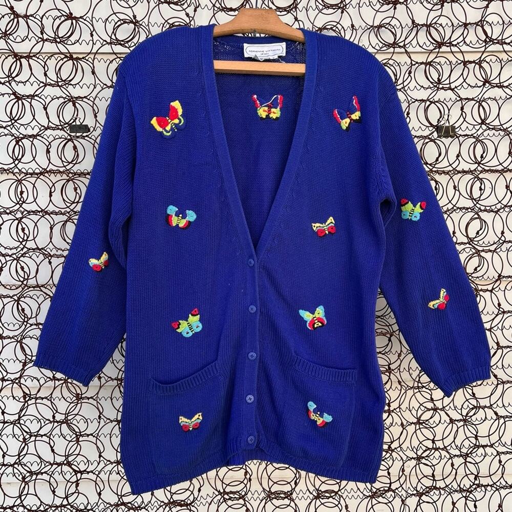 Vintage Adrienne Vittadini blue knit cardigan sweater embroidered butterflies